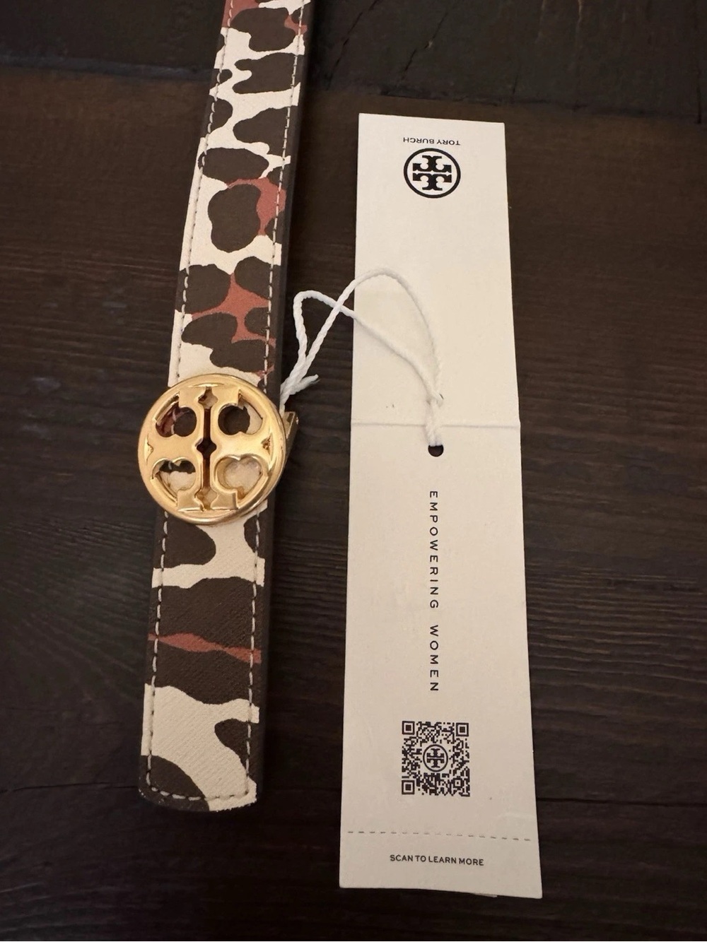 Tory Burch Brown and Cream Camo Leather Logo Belt